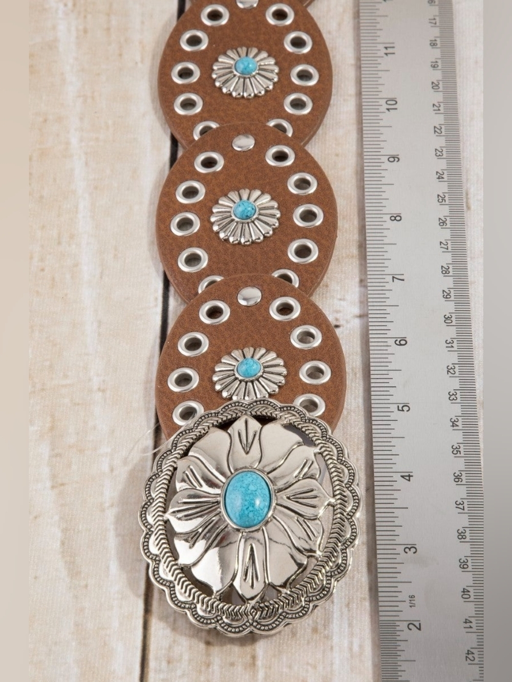 Western Turquoise Concho Disc Leather Belt - Picture 4 of 7